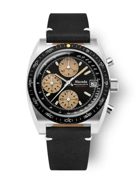 Nivada Grenchen Autochron Mecaquartz - Black Leather White Stitching