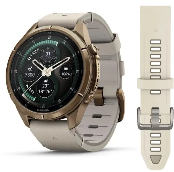 Garmin Fenix® 9 Pro inReach - 43 mm, Autumn Gold Titanium s koženým řemínkem Bone 010-04335-41