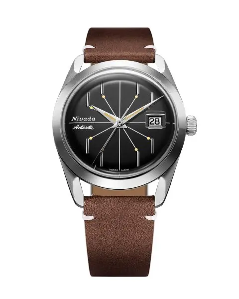Nivada Grenchen Antarctic Spider Black 38 mm - Brown Leather White Stitching