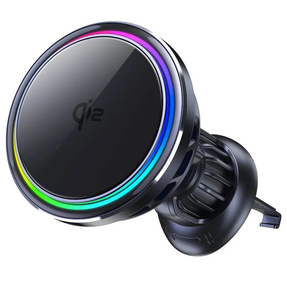 Chladící MagSafe Qi2 držák s bezdrátovým nabíjením do ventilační mřížky auta, s RGB volitelným podsvícením, 15W, kulatý, černý