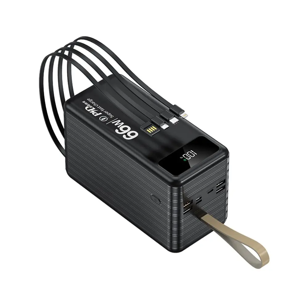 Powerbanka 100 000 mAh, PD66W, 2.1A, 4 integrované kabely + LED světlo, černá