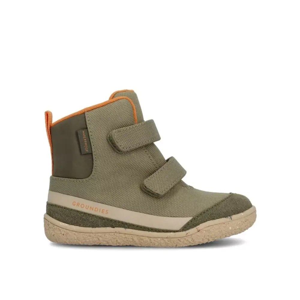 Dětské Barefoot zateplené kotníkové boty GROUNDIES Ottawa khaki oranžové -