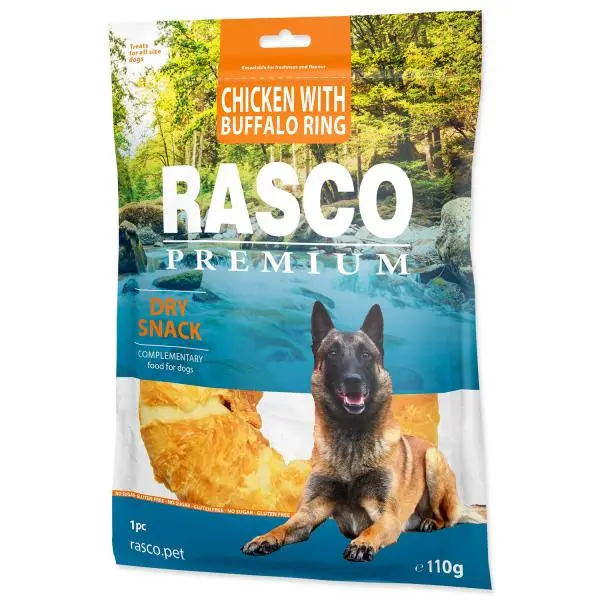 Pochoutka Rasco Premium buvolí kůže obalená kuřecím masem, kruh 120g