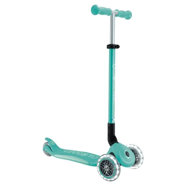 Globber Koloběžka dětská trojkolečková Plus - Primo Foldable Plus Lights V2 Dark Mint svítící kolečka