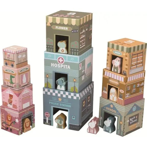 Pyramida z kartónu - City, 10 kostek + zvířátka (2Kids Toys)