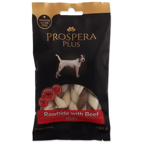 Pochoutka Prospera Plus Surová kůže s hovězím pletená tyčinka 4ks 7,5cm