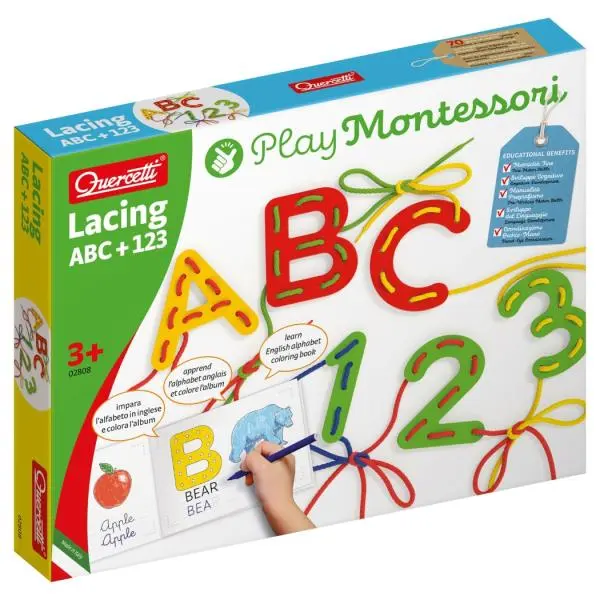 Quercetti Lacing ABC + 123 alphabets and numbers – provlékací souprava s písankou a omalovánkami