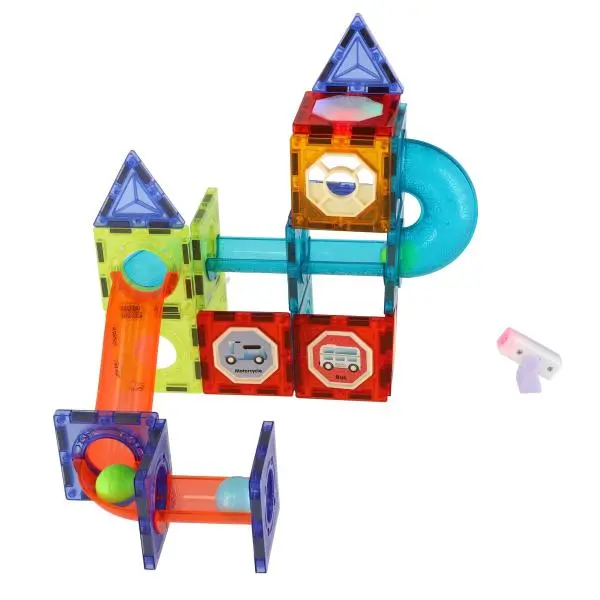 Kuličková dráha magnetická plast 75ks 4 kuličky + doplňky na baterie se světlem v krabici 31x25x8cm