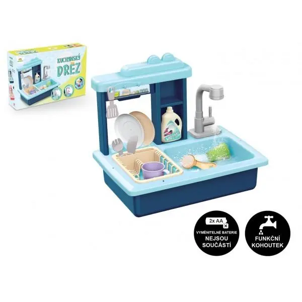 Teddies Dřez na mytí nádobí modrý + kohoutek na vodu na baterie s doplňky