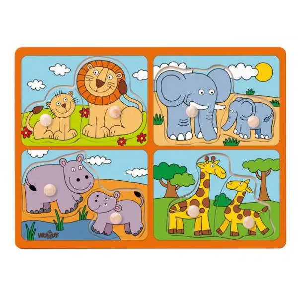 Puzzle vkládací - Safari zvířata s mláďaty, 8ks (Woody)