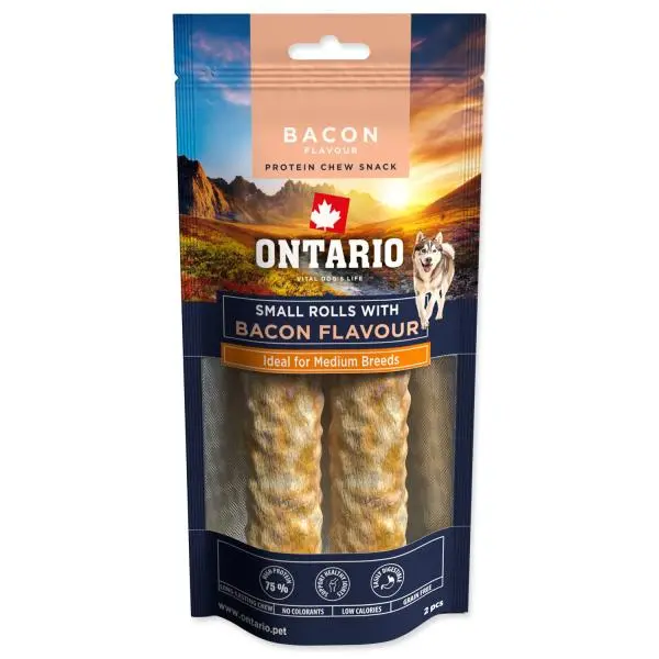 Žvýkací pochoutka Ontario Protein malá rolka pro střední plemena s příchutí slaniny 12,7 cm 2 ks