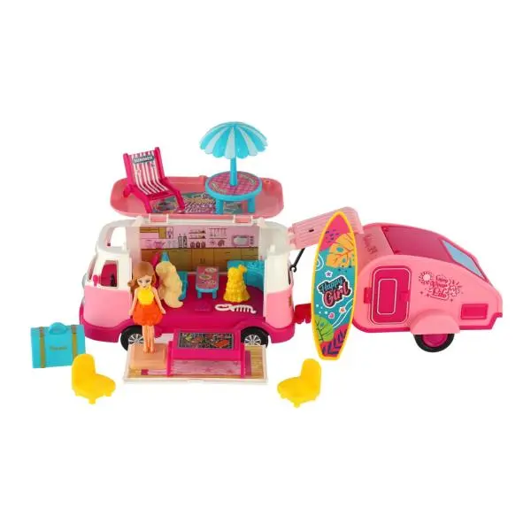 Teddies Auto obytné s vlekem retro s panenkou s doplňky v krabici