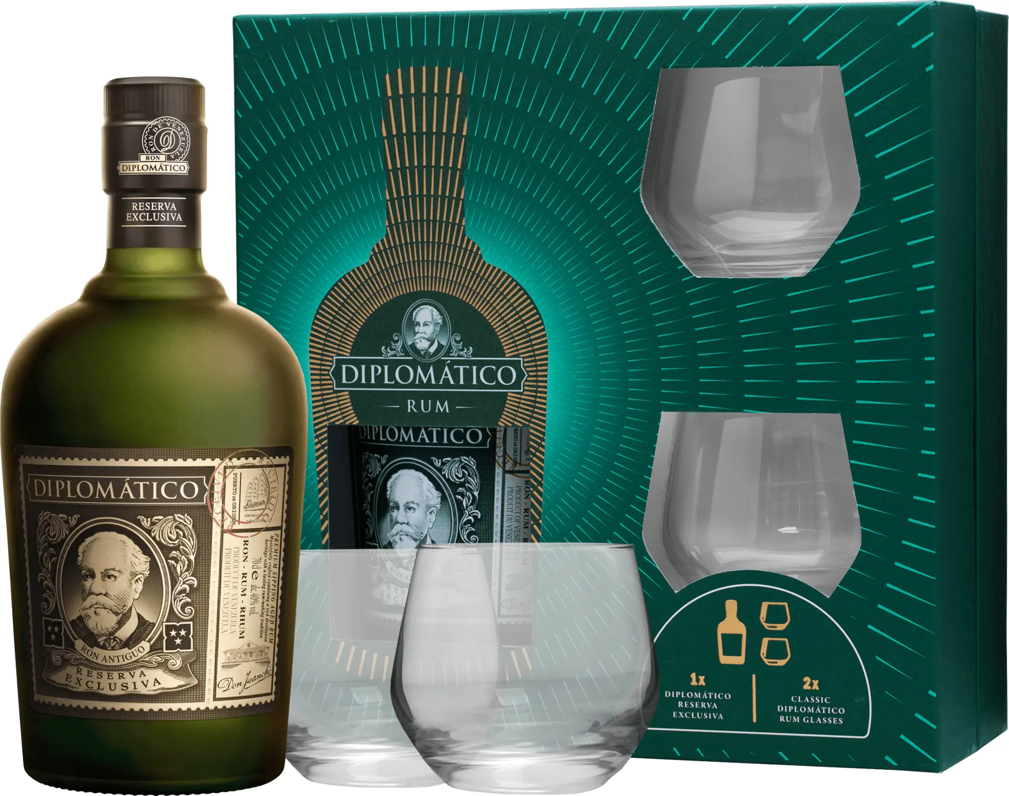 Diplomatico Reserva Exclusiva 0,7l 40% (dárkové balení 2 skleničky)