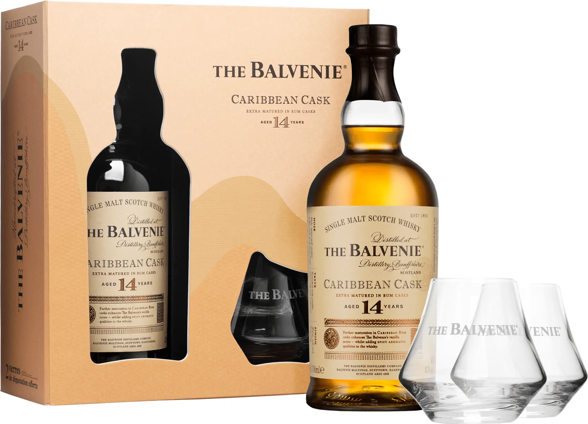 The Balvenie 14 letá Caribbean Cask se 2 sklenicemi 43% 0,7l