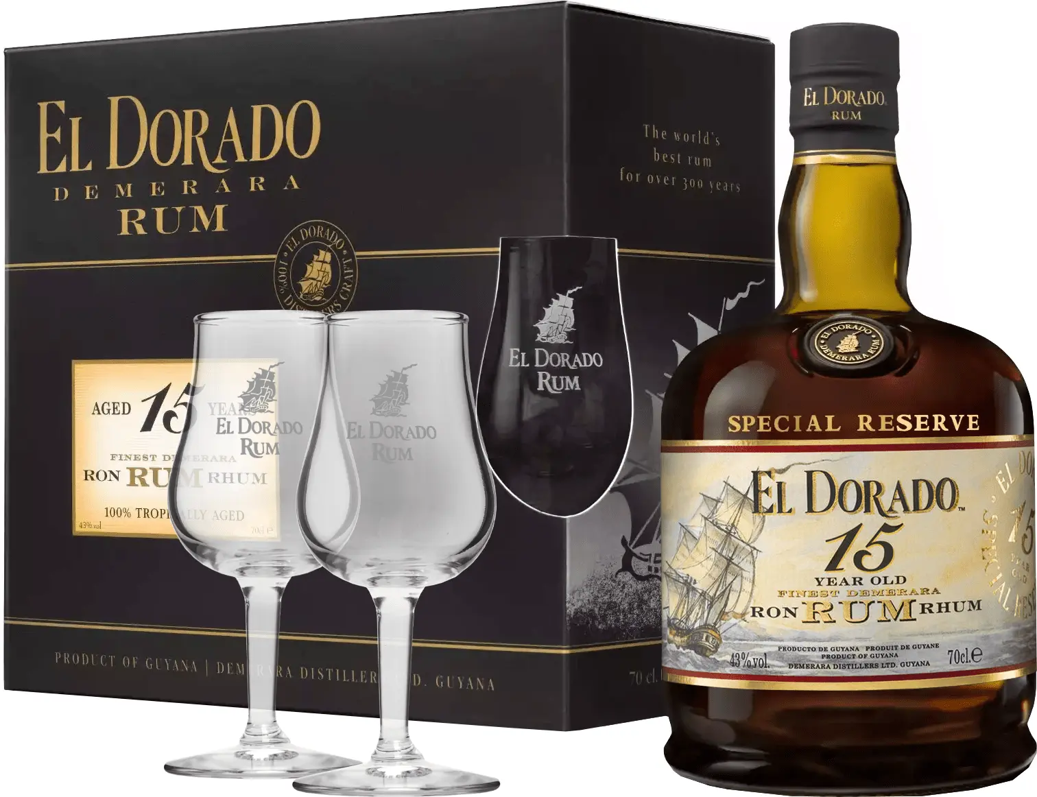 El Dorado 15 letý se 2 sklenicemi 43% 0,7l (darčekové balenie 2 poháre)