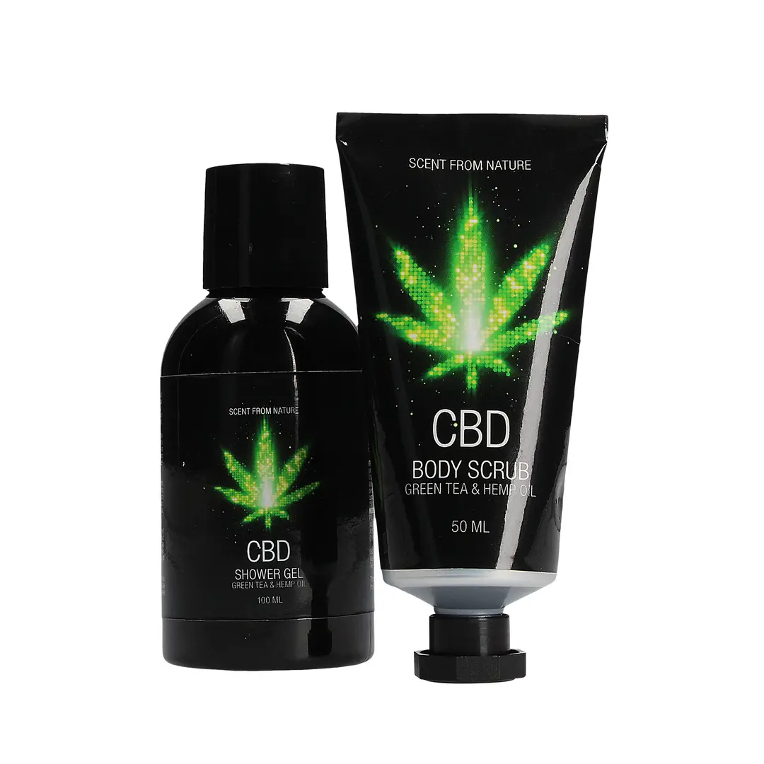 CBD Travel Set sprchový gel a peeling s obsahem zeleného čaje a konopného oleje