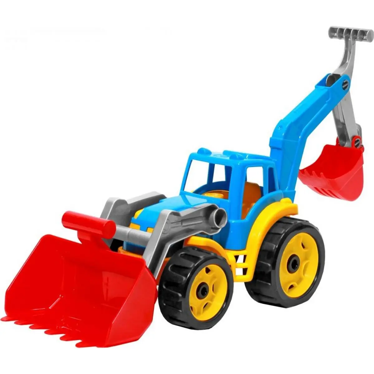 Traktor-nakladač-bagr se 2 lžícemi plast na volný chod červeno-zelený