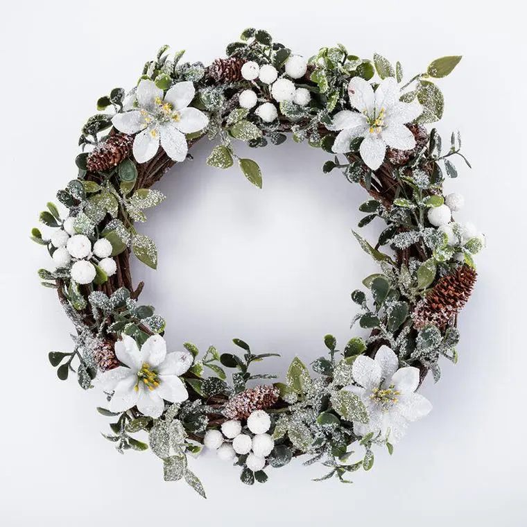 Vánoční věnec proutěný POINSETTIA bílá 30 cm