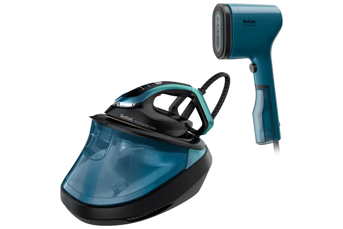 Akční set na žehlení Tefal Pro Express Vision parní generátor a Pure POP napařovač oděvů