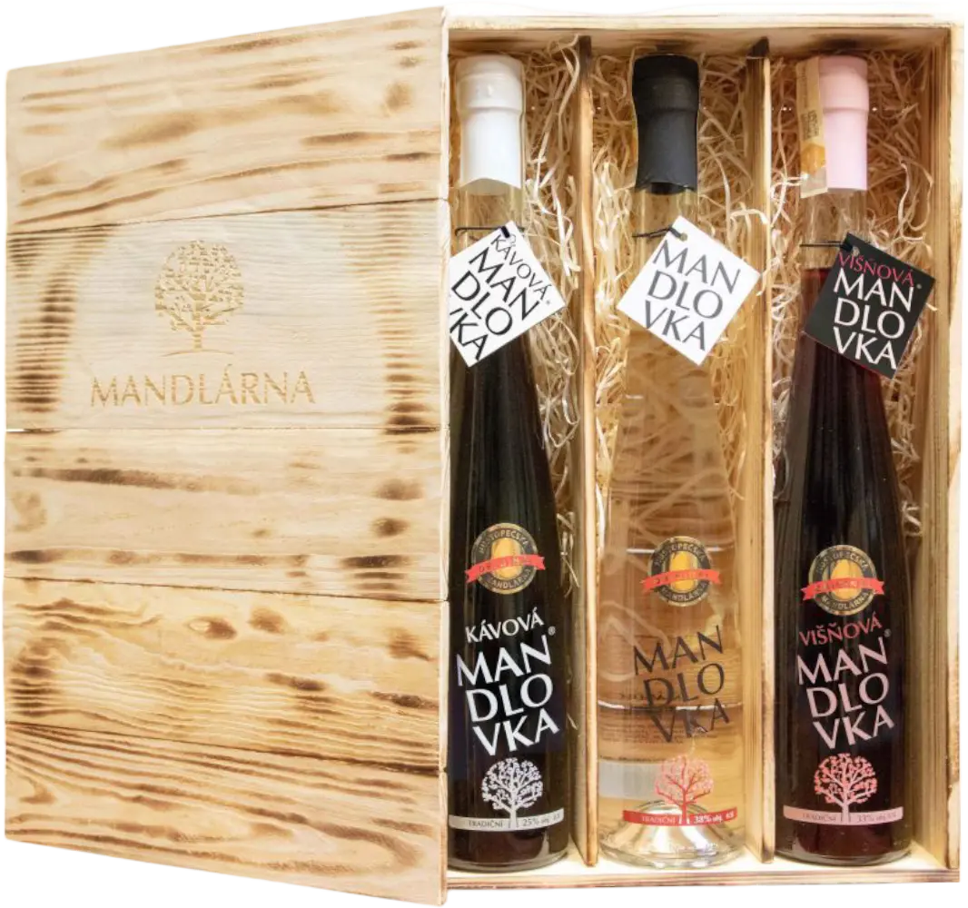 Hustopečská mandlárna Dárkové balení dřevěné velké Mandlovka + Višňová + Kávová mandlovka