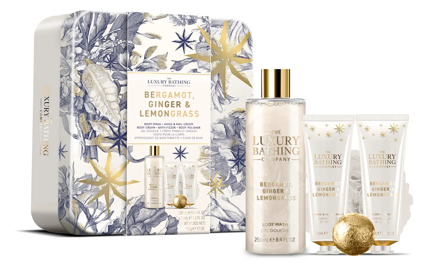 The Luxury Bathing Company Dárková sada tělové péče v plechové dóze Bergamot, Zázvor & Lemongrass 5 ks