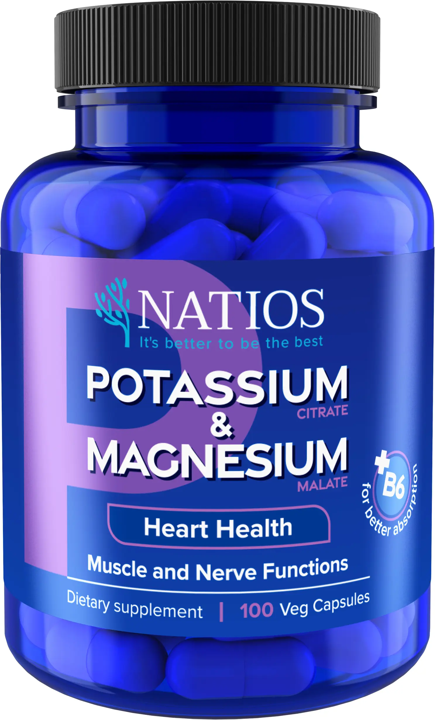 NATIOS Potassium & Magnesium, Draslík citrát a hořčík malát, 100 veganských kapslí