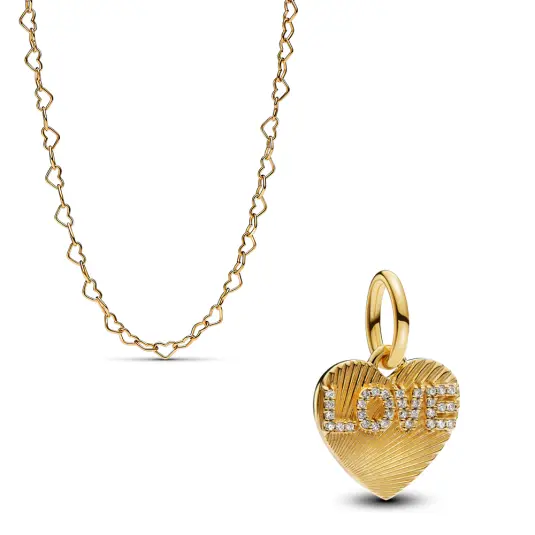 PANDORA pozlacený set řetízek a přívěsek Zářivé srdce šperkový set 363334C00+763604C01
