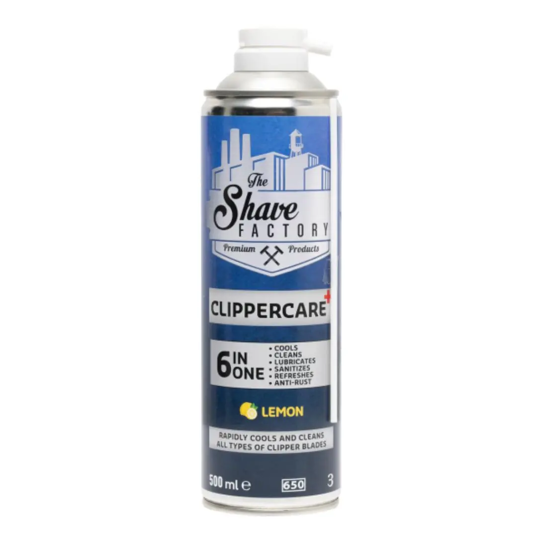 The Shave Factory ClipperCare PLUS+ 6in1 Spray LEMON - sprej na strojky 6v1 s tryskou a vůní citrusů, 500 ml