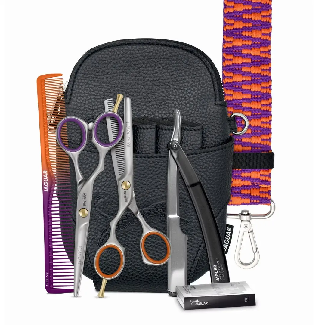 POŠKOZENÁ KRABIČKA: Jaguar Basic Set Relax Left Micro - set leváckých nůžek - klasický střih mikro-zoubkové + efilační, břitva, hřeben s páskem (8395)