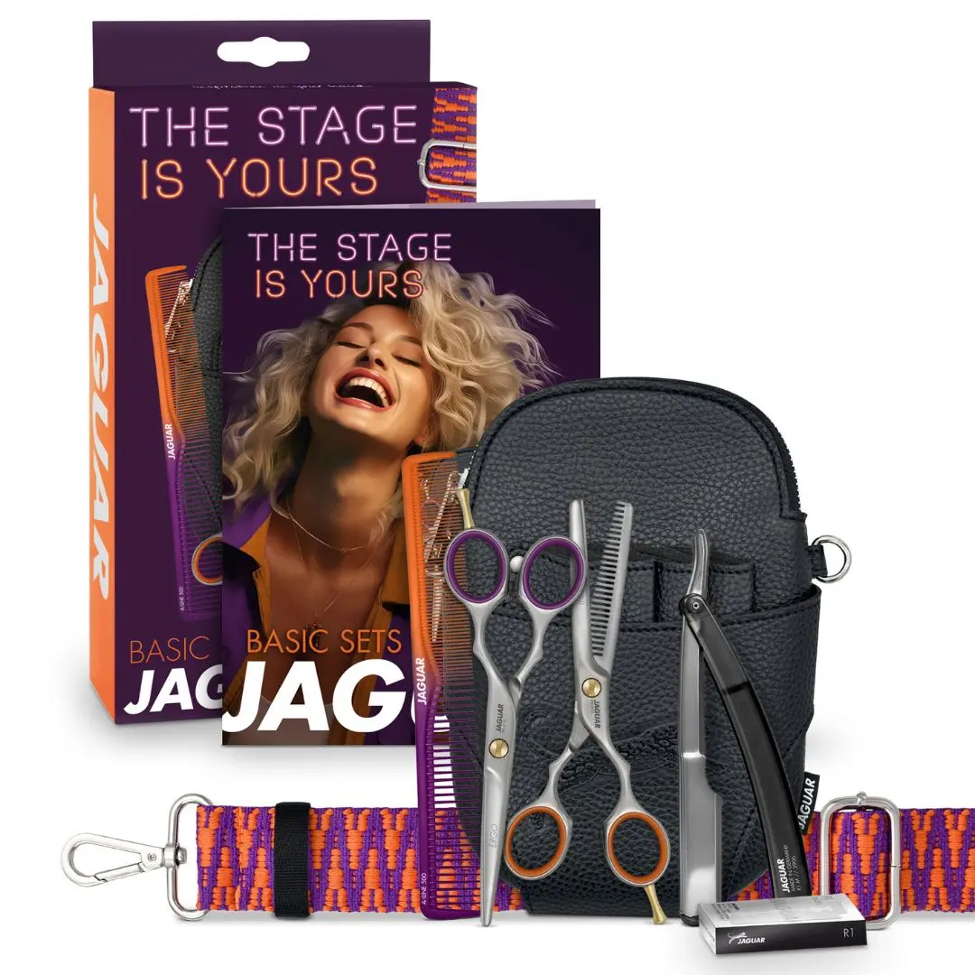 POŠKOZENÁ KRABIČKA: Jaguar Basic Set Ergo Slice - set nůžek - klouzavý střih + efilační, břitva, hřeben s páskem (8396)