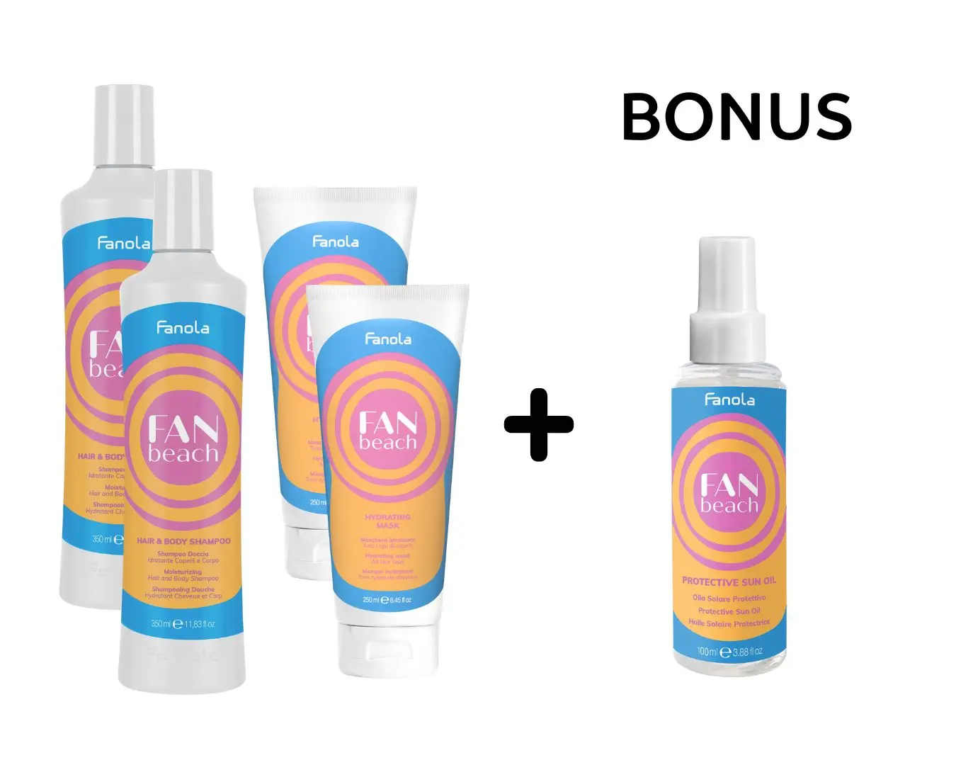 AKCE: Fanola FanBeach - 2x Hair&Body Shampoo, 350ml a 2x Hydrating Mask, 250ml + Protective Oil, 100ml