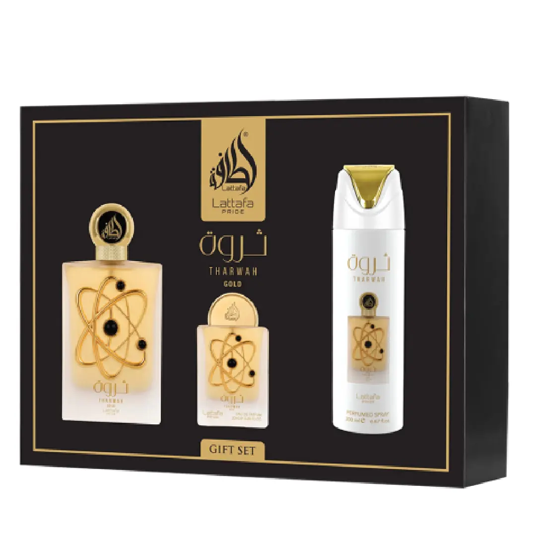 SET: Lattafa Pride Tharwah Gold - unisex parfémová sada - parfém, 100 ml + 20 ml + deodorant, 200 ml