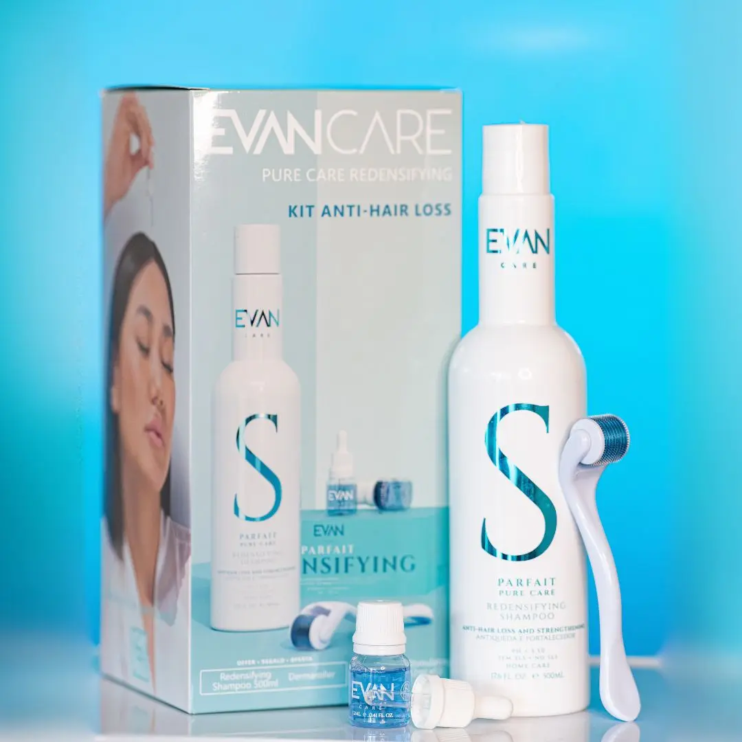 KIT: (EXP 4/27) Evan Redensifying Kit - podpora růstu vlasů a regenerace pokožky - šampon, 500 ml, ampule, 12x10 ml (EXP: 4/27) + Scalp roller