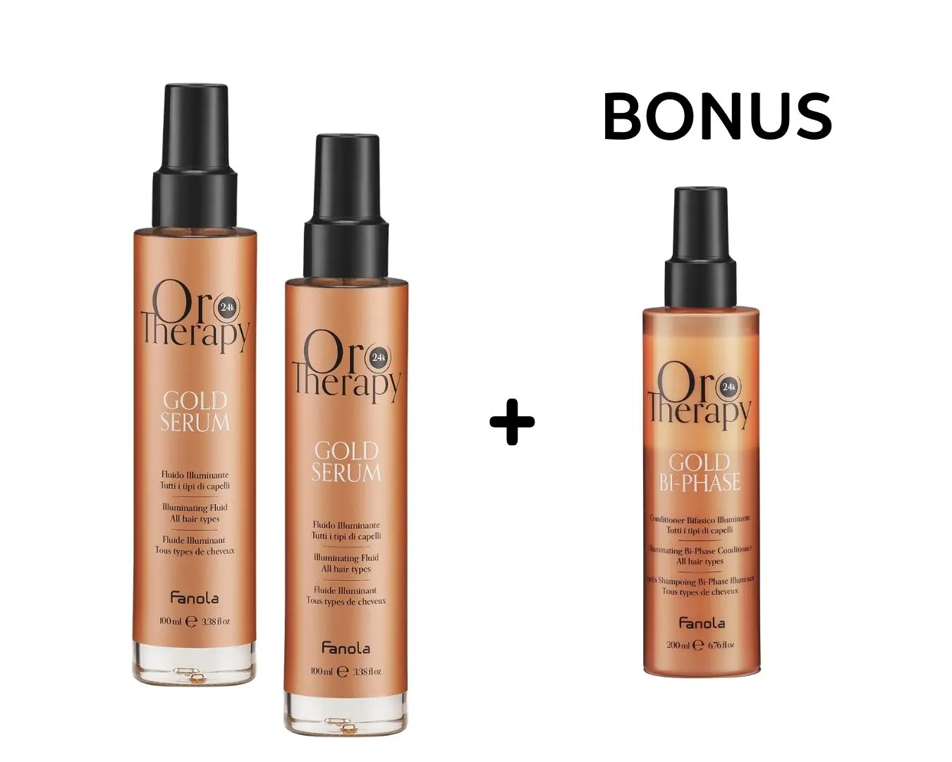 AKCE: 2x Fanola Oro Therapy Gold Serum - rozjasňující sérum pro všechny typy vlasů, 100 ml + Oro Therapy 2Phase kondicionér ve spreji, 200 ml