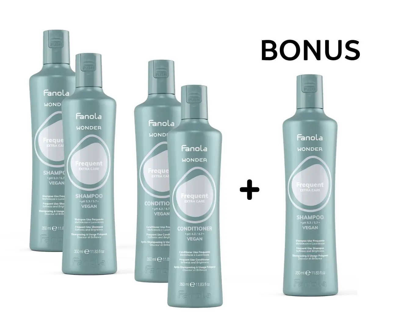AKCE: Fanola Wonder Frequent - časté mytí - 2x šampon, 350 ml, 2x kondicionér, 350 ml + šampon Frequent, 350 ml