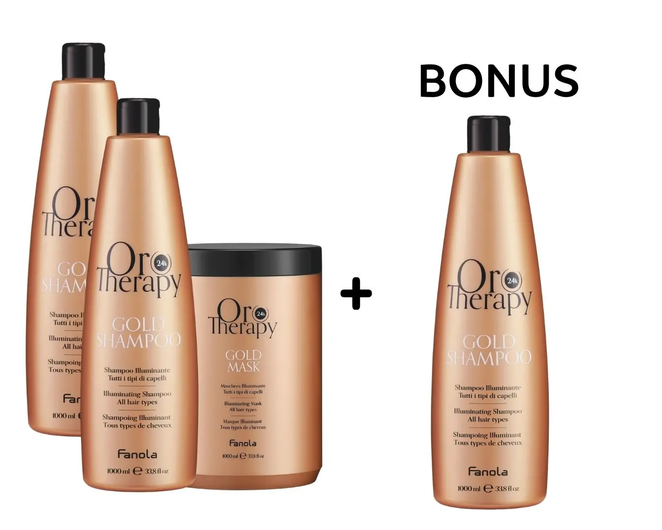 AKCE: Fanola Oro Therapy Shampoo a Mask - 2x regenerační šampon, 1000ml a 1x maska, 1000ml + šampon, 100ml