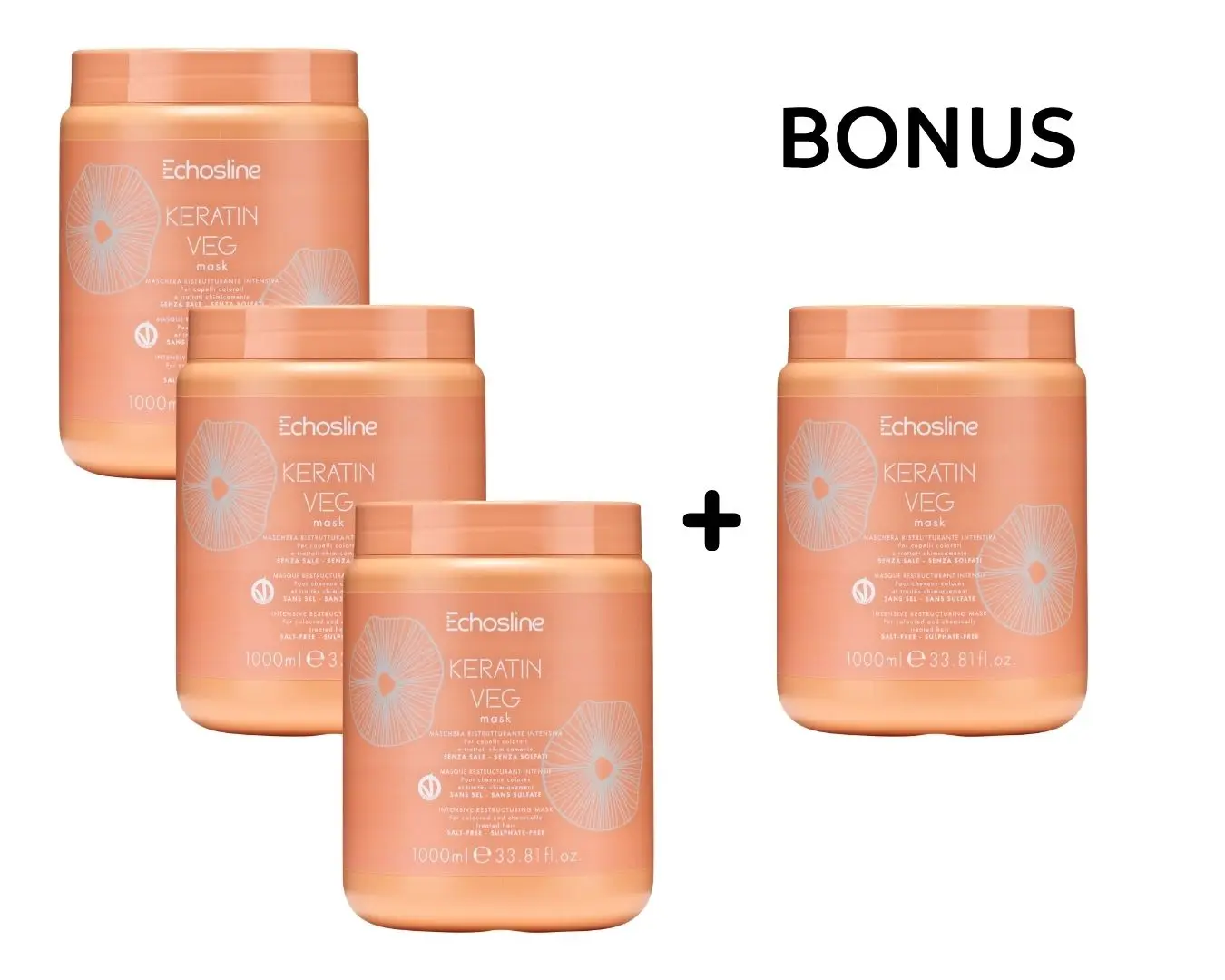 AKCE: 3+1 Echosline Keratin VEG Mask - maska pro chemicky ošetřované vlasy, 1000 ml