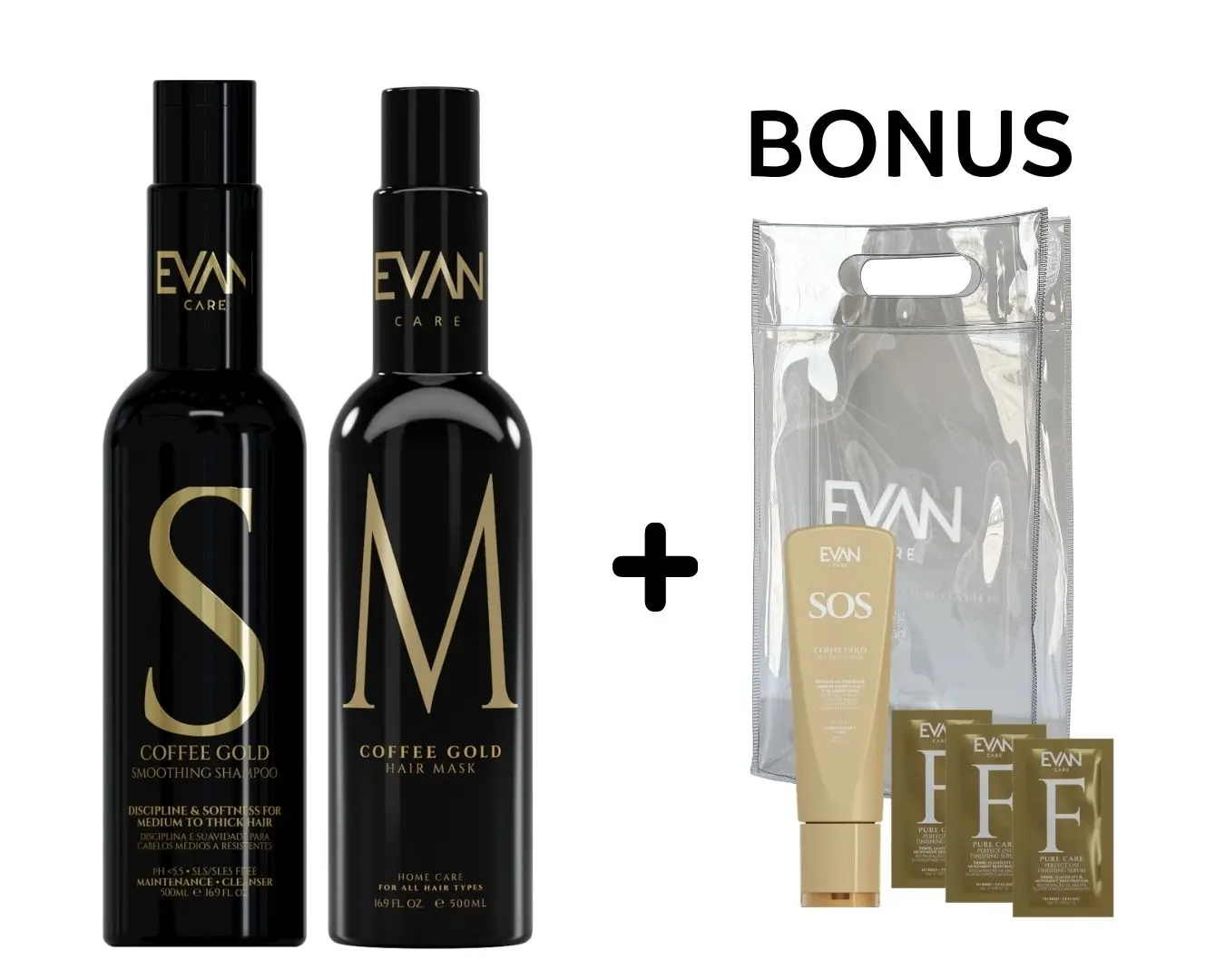 AKCE: Evan Care Coffee Gold - šampon a kondicionér-maska pro disciplínu středně pevných až pevných vlasů, 500 ml + taška + SOS maska, 50 ml + vzorky