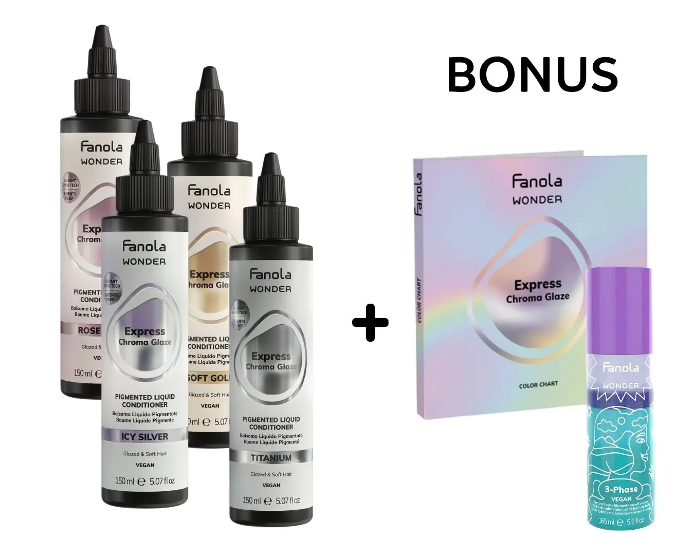 AKCE: 4x Fanola Wonder Express Chroma Glaze - pigmentový tekutý kondicionér, 150 ml + 3Phase - třífázový kondicionér, 150 ml + vzorník Chroma Glaze