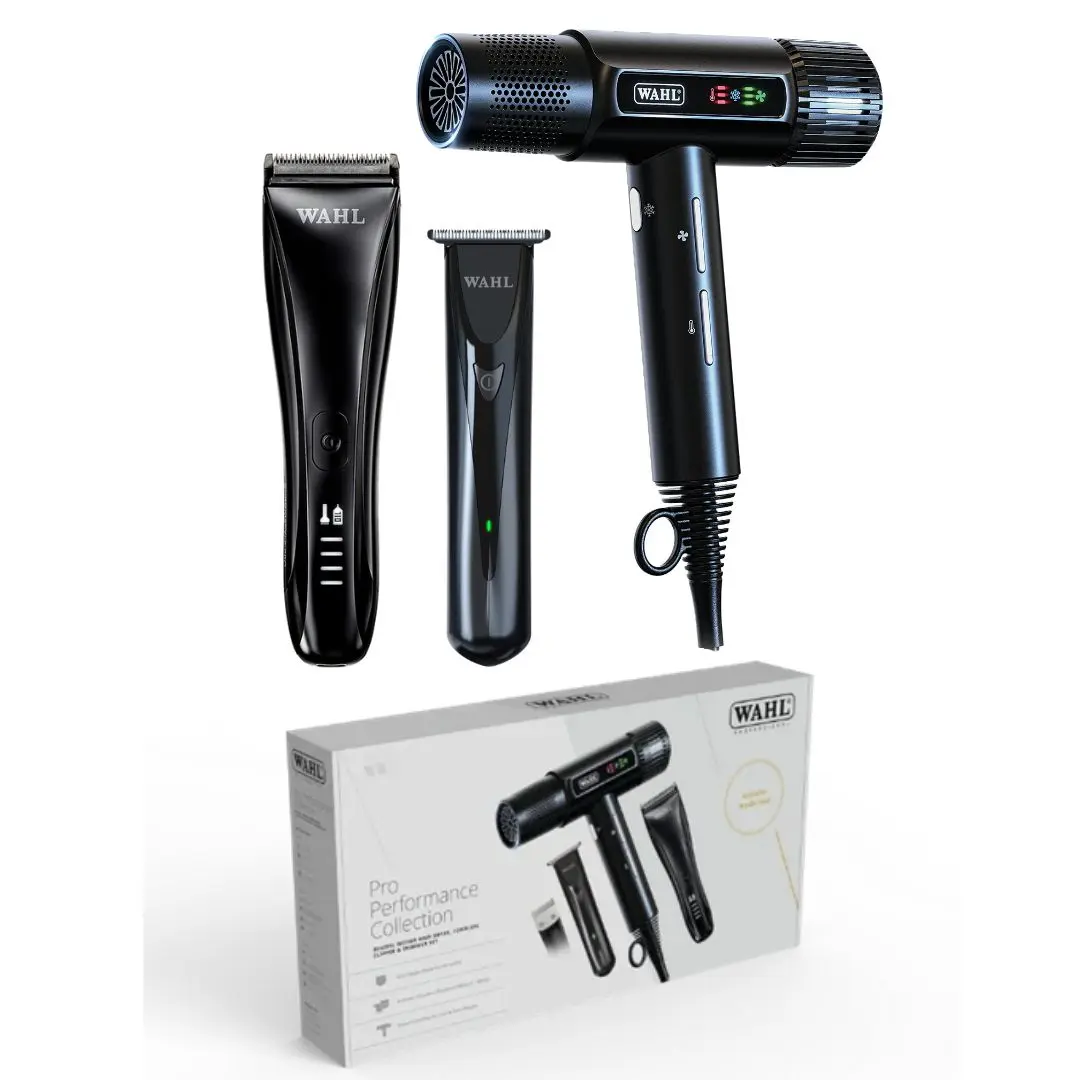 Wahl Pro Performance Collection - set střihacího a konturovacího strojku na akumulátor a fén Vanquish + Olej na mazání, 200 ml + stlačený vzduch, 400 ml