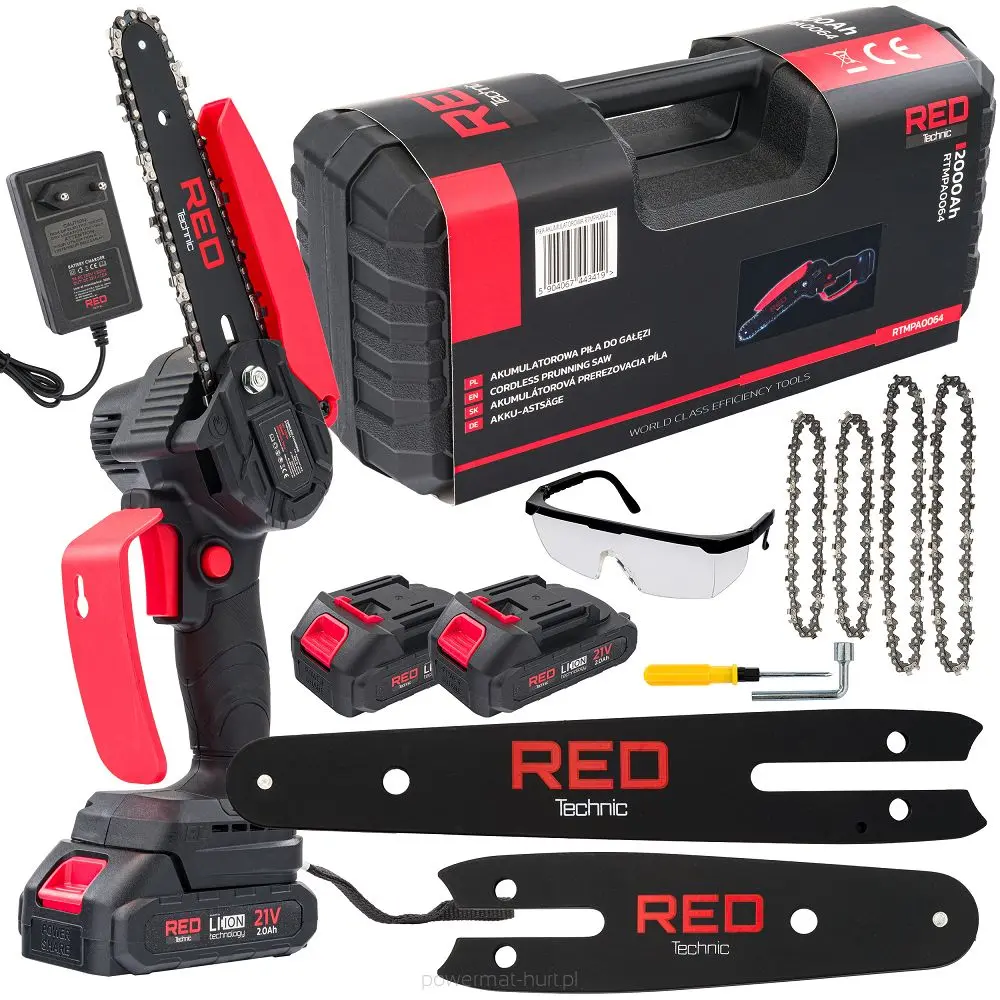 AKU řetězová pila POWERMAT RTMPA0064, 15 cm, 21 V, 2000 mAh, 2x baterie