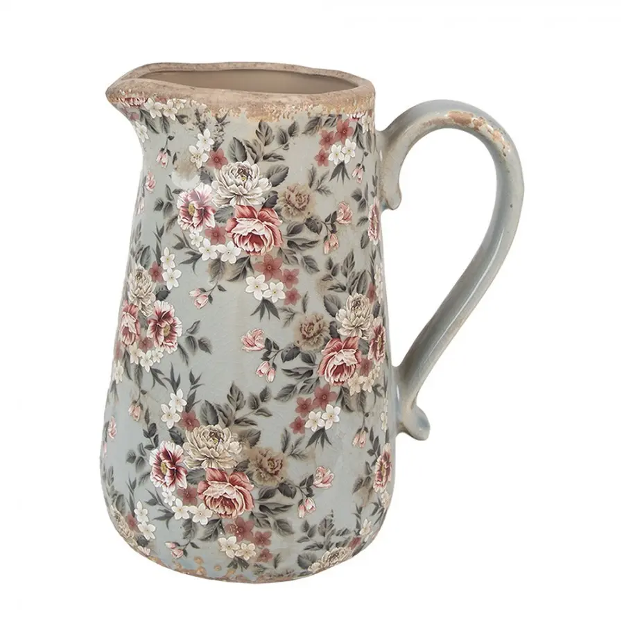 Zelený keramický dekorační džbán s květy Floria L - 21*15*23 cm Clayre & Eef
