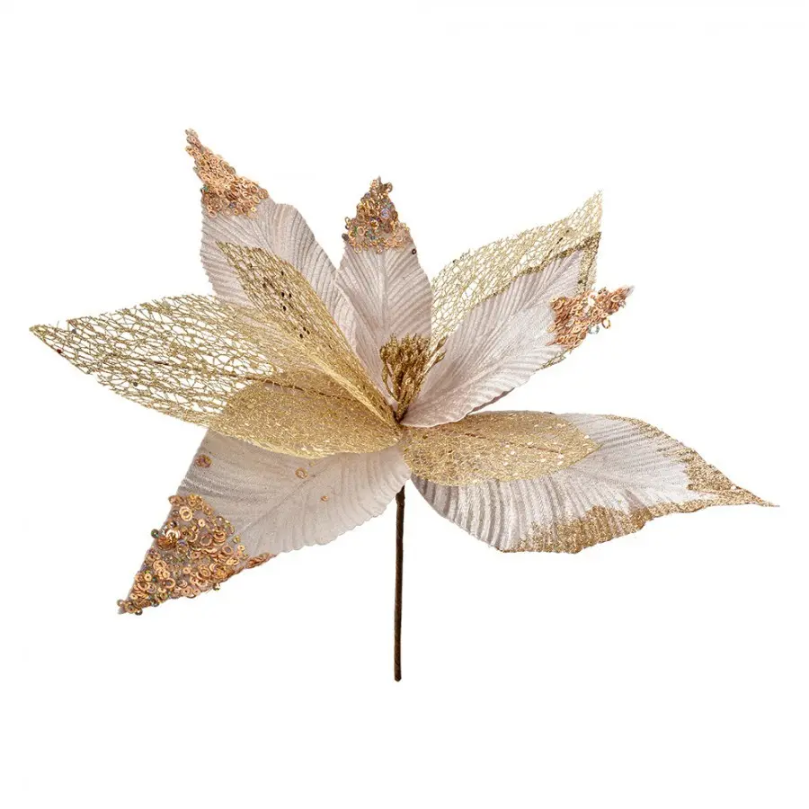 Bílo-zlatá dekorace květina vánoční hvězda Poinsettia - Ø 44*37 cm Clayre & Eef