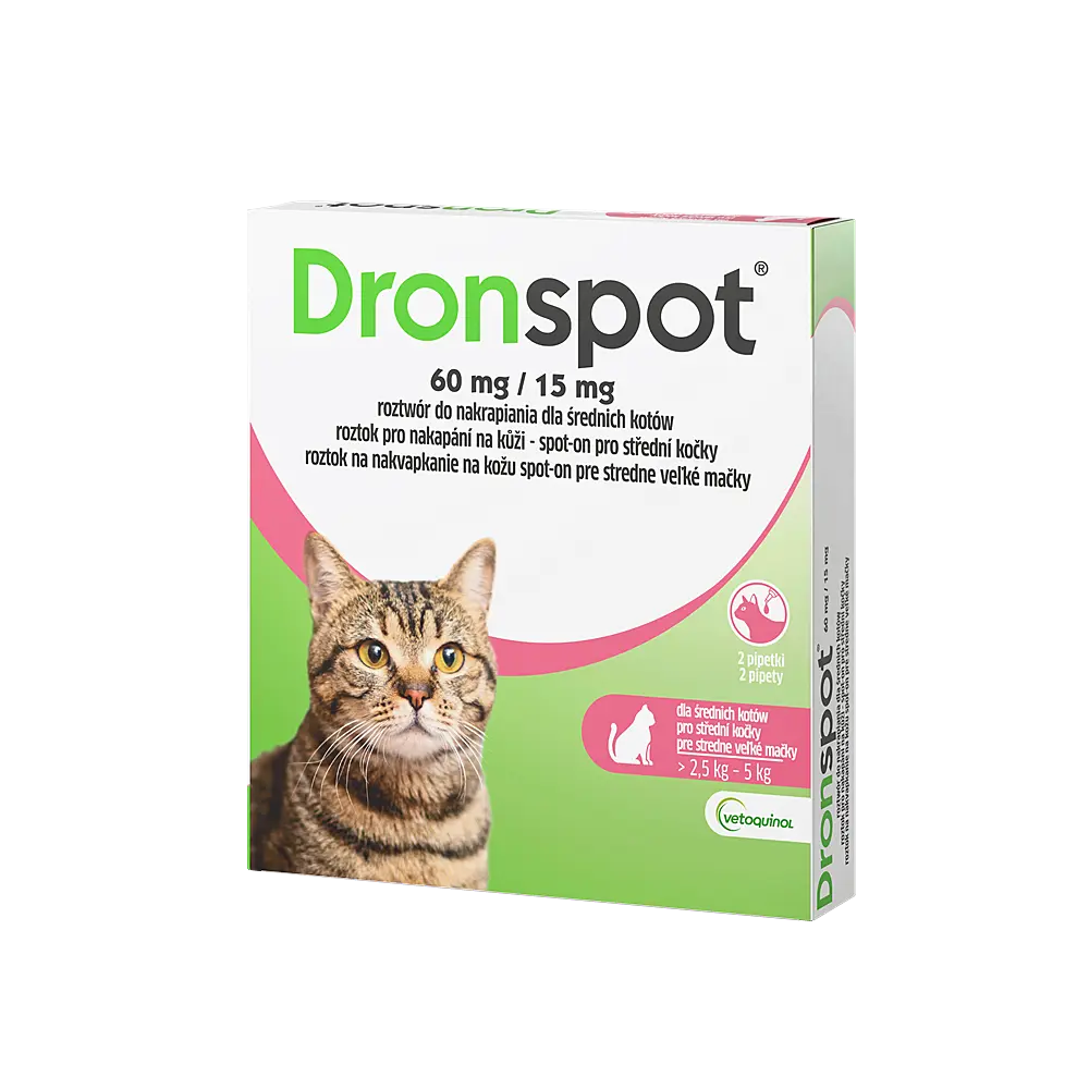 DRONSPOT 60 mg/15 mg roztok spot-on pro střední kočky 0,70 ml 2 pipety