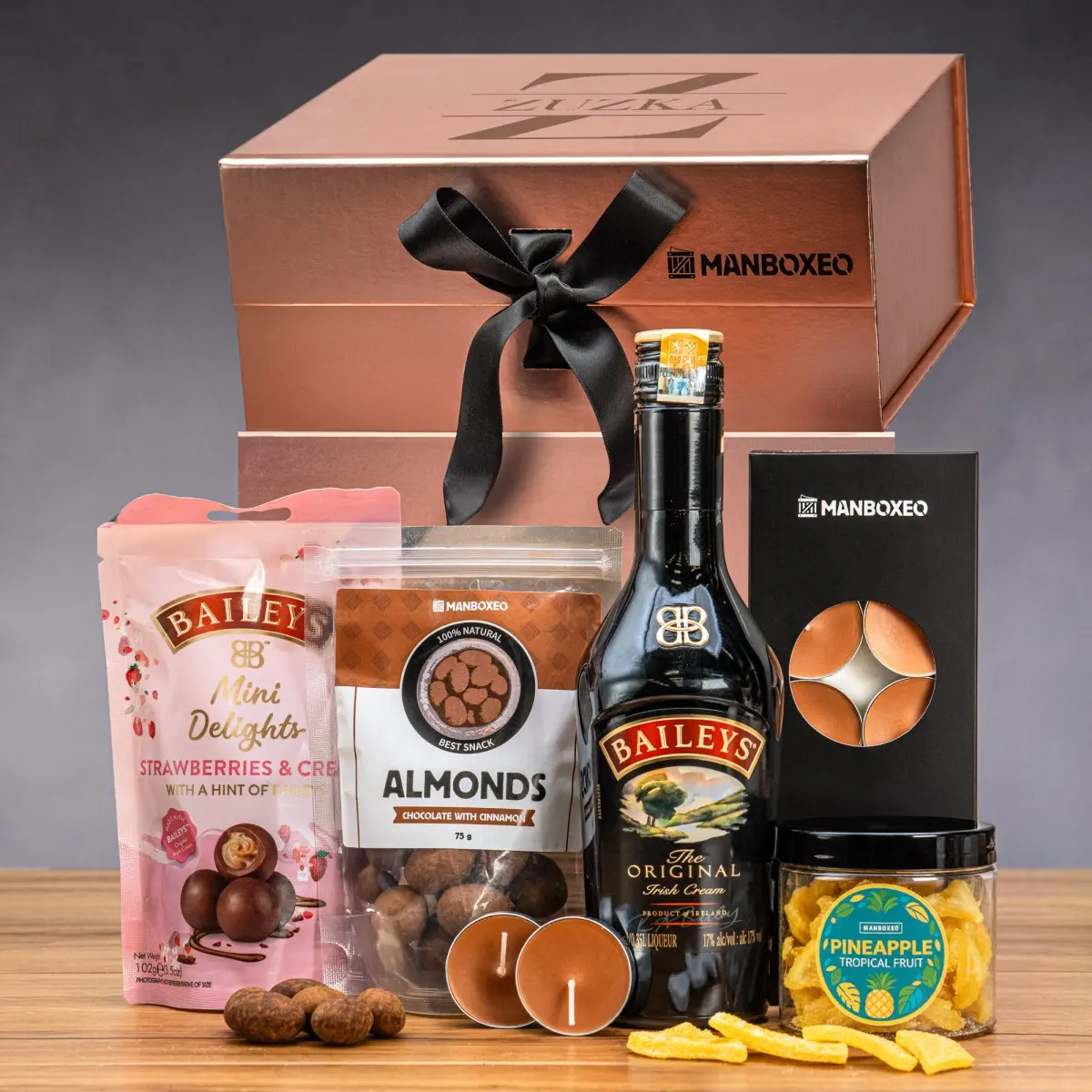 Luxusní box s Baileys (rose gold) - dárkový box | Dárek k narozeninám, svátku, výročí, vánocům pro muže, ženu | Dárkový koš, box, krabice, krabička, b