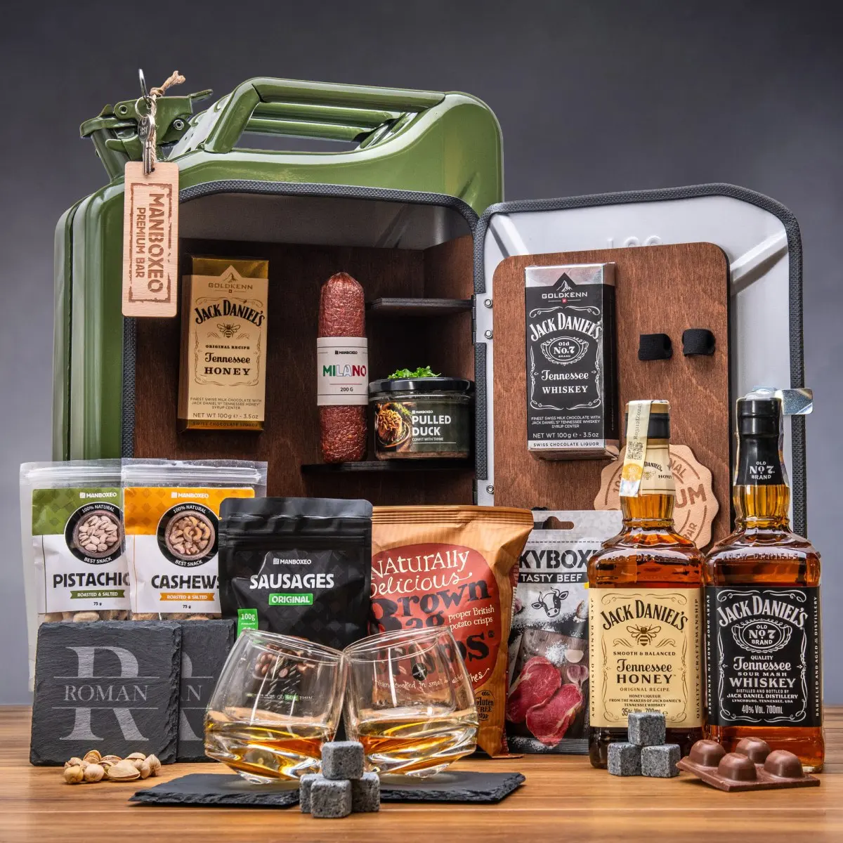 Manboxeo Kanystr bar Khaki Jack Daniel's | Dárek pro muže, tátu, dědu k narozeninám, výročí, svátku, vánocům | Dárkový Kanystrbar s alkoholem | dárek