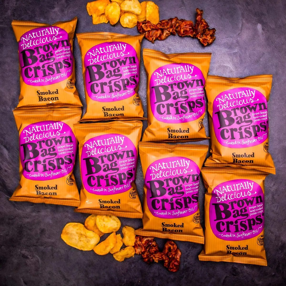 8× Křupavé, ručně vyráběné Brown Bag Crisps s uzenou slaninou 40 g