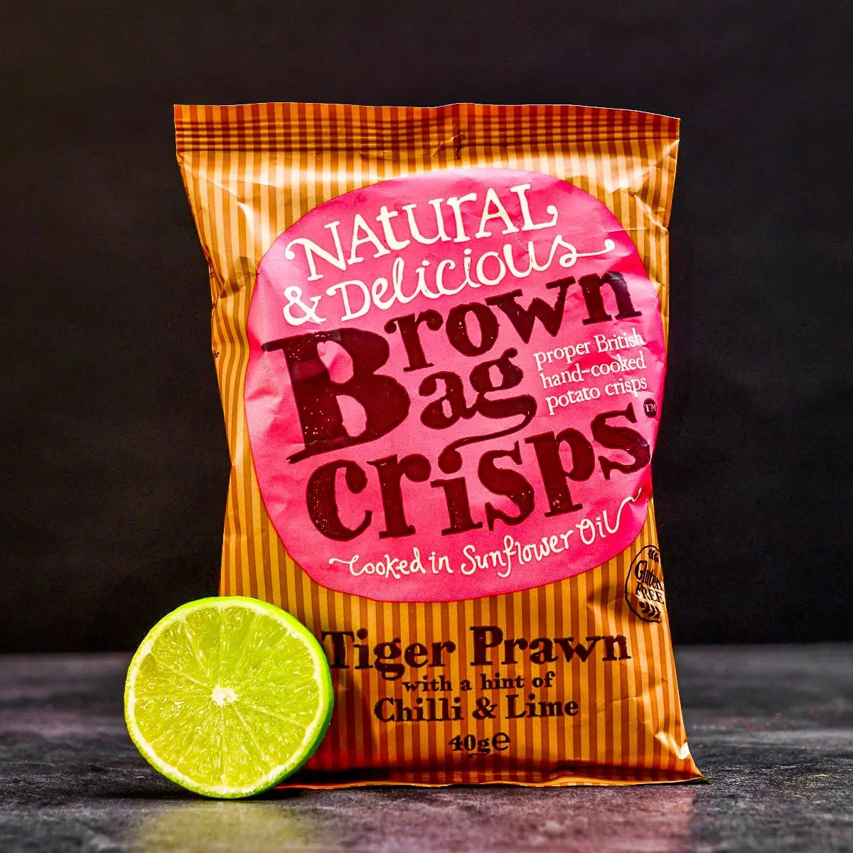 Křupavé, ručně vyráběné Brown Bag Crisps s krevetami a limetkou 40 g
