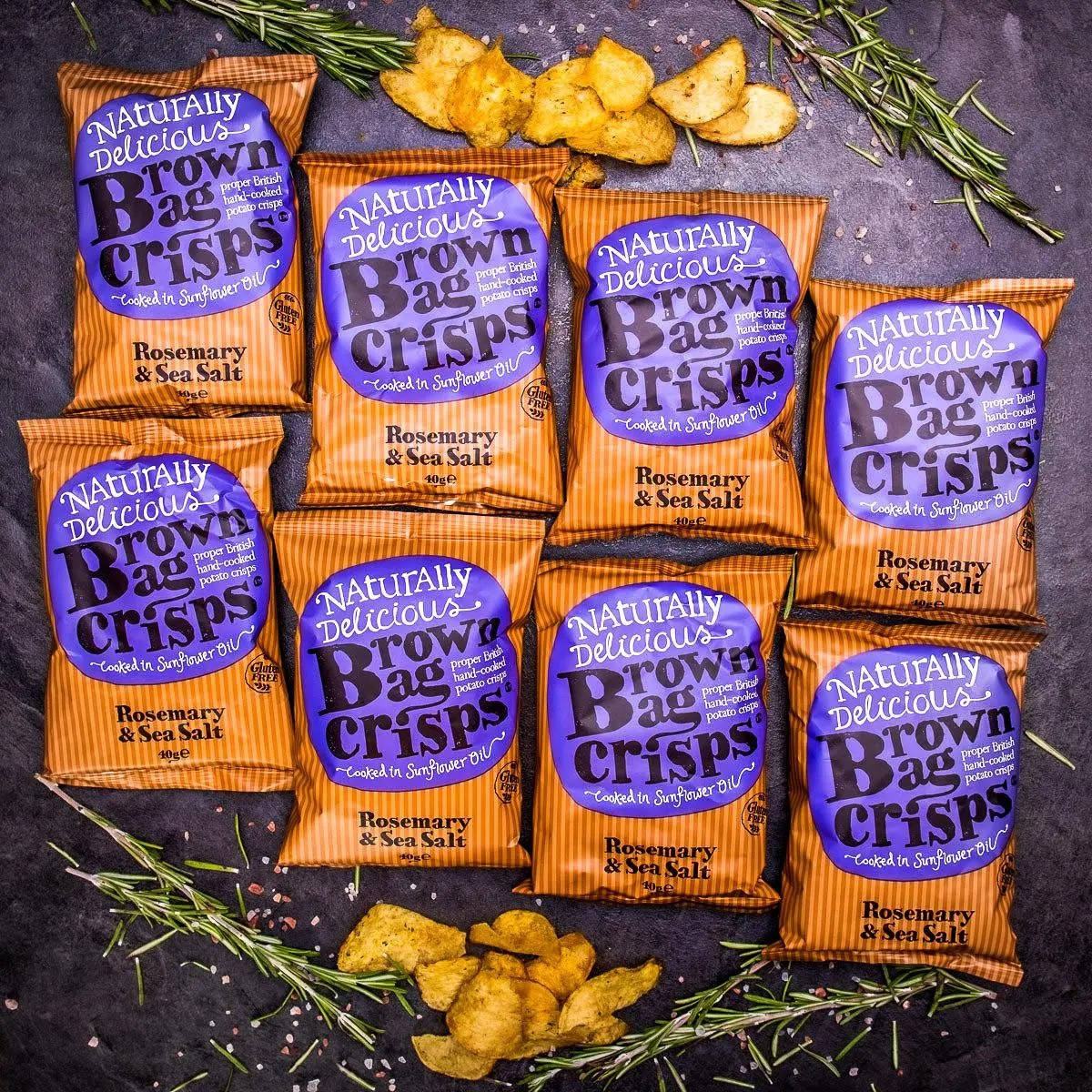 20× Křupavé, ručně vyráběné Brown Bag Crisps s rozmarýnem a mořskou solí 40 g