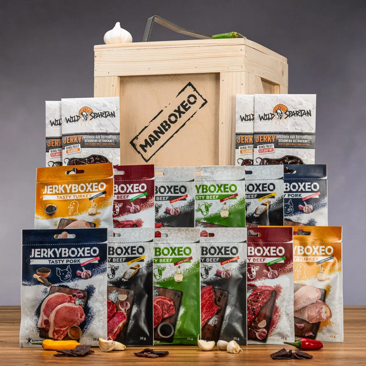 Manboxeo Bedna se sušeným masem Jerky XL | Dárková bedna s páčidlem | Dárek pro muže, tátu, otce, tatínka, přítele, dědu | Dárky pro muže | Bedna pro
